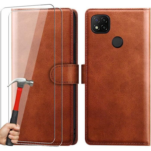 Plånboksfodral för Redmi 9C - 10A - Brunt stötsäkert fodral i syntetiskt läder + 2 härdade glasögon kastanj