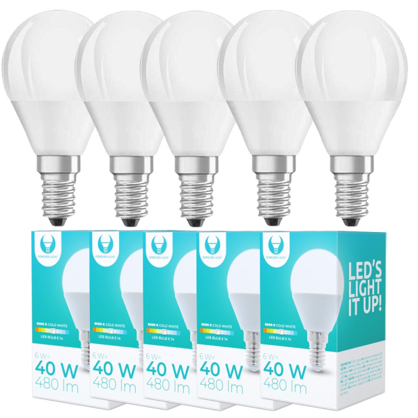 5-Pack LED-Lampa E14 G45 6W (6000K) 480lm, Kallvit Vit 1d4b | White | 250 |  Fyndiq