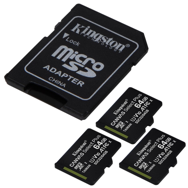 Kingston 3-Pack MicroSD 64 GB Minneskort Class 10 + Adapter