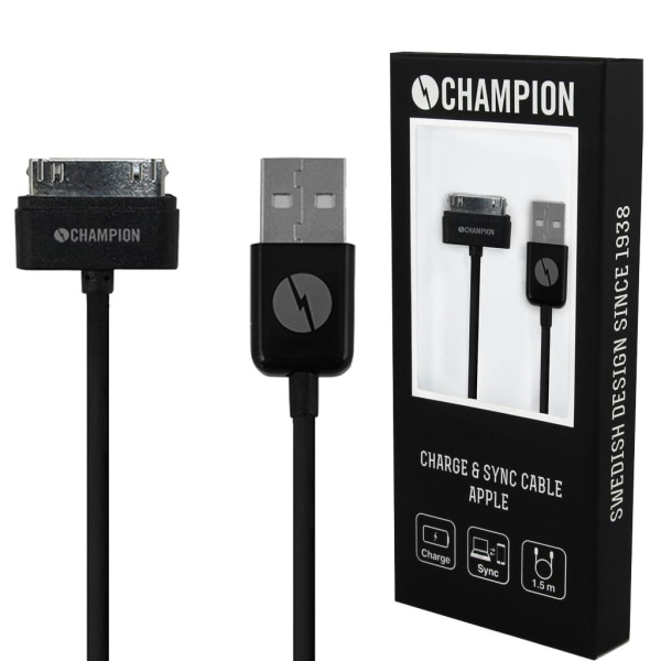 CHAMPION Ladd&Synk kabel iPhone 4/4s/iPad 1,5m Svart Svart