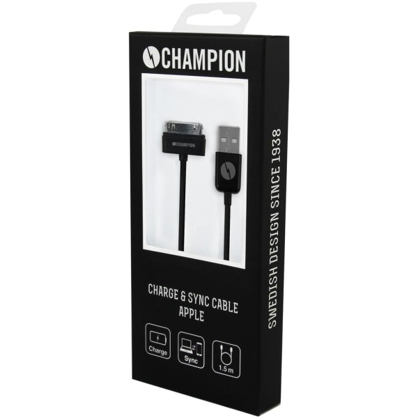 CHAMPION Ladd&Synk kabel iPhone 4/4s/iPad 1,5m Svart Svart
