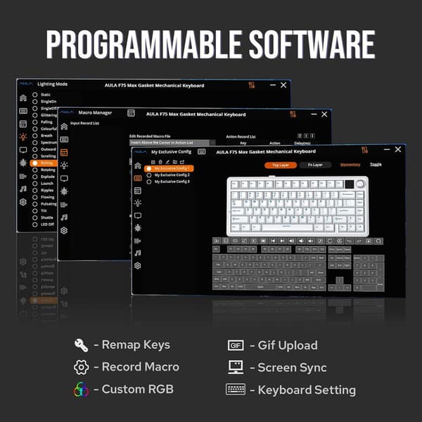 AULA F75 Max 75% Mechanical Gaming Keyboard, Wireless Hot-Swap Keyboard with TFT Display, Knob, RGB Backlight, PC/Mac/Linux, Black