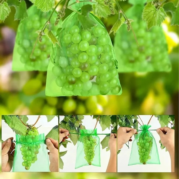 100-pack Fruit Protection Net with Drawstring - Reusable Growing Bags in Green, Multiple Sizes Available 20 x 30cm