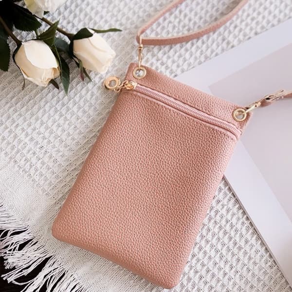 Mobile Phone Bag with Shoulder Strap - Lychee Texture Handbag 19cm x 12.5cm Pink