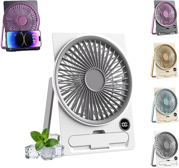 2026 Mini Bordventilator, USB Genopladelig Bærbar Ventilator, 5 Hastigheder, 2000mAh Batteri, LED-display, Stille Ventilator til Kontor og Soveværelse White