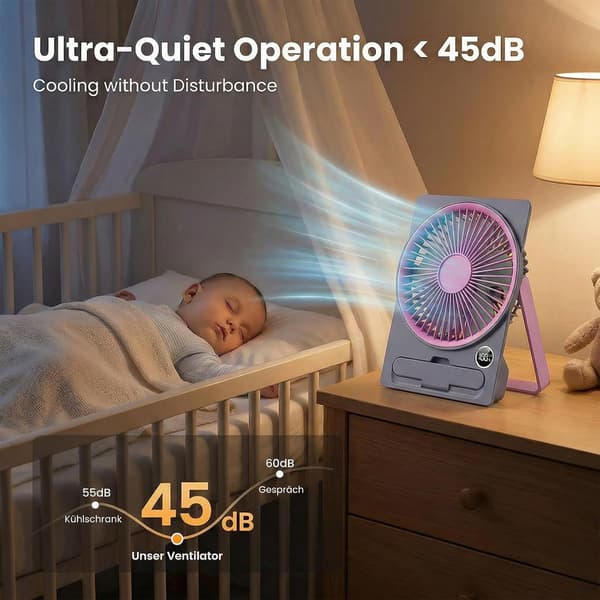 2026 Mini Bordventilator, USB Genopladelig Bærbar Ventilator, 5 Hastigheder, 2000mAh Batteri, LED-display, Stille Ventilator til Kontor og Soveværelse White