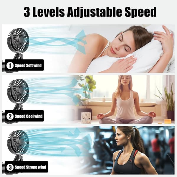 Flexible Stroller Fan – Rechargeable Portable Fan with Battery, 360° Rotation, 3 Speeds, Night Light & Stand Function Pink