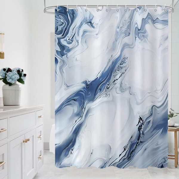 Shower Curtain - 180x200 cm - Chinese Ink Marble Pattern in Gradient - Modern Abstract Art - Waterproof Fabric - Machine Washable - Hooks Included Blue