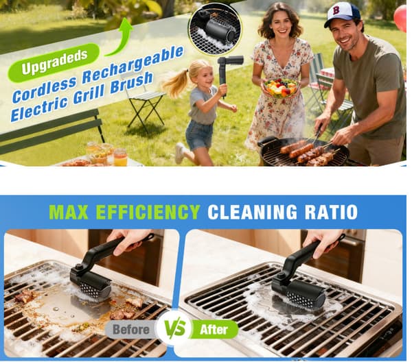 Elektrisk roterende grillbørste for utendørsgrill - 3-hastighetskontroll - BBQ-børste elektrisk justerbart børstehode - 304 rustfritt stål