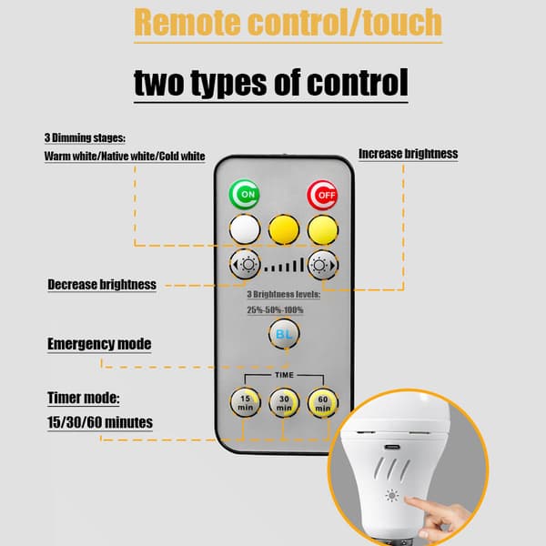 Rechargeable LED Bulbs E27 2200 mAh 3 Brightness Levels 3000/4000/6000K Remote Control Timer Emergency Lighting 1pc
