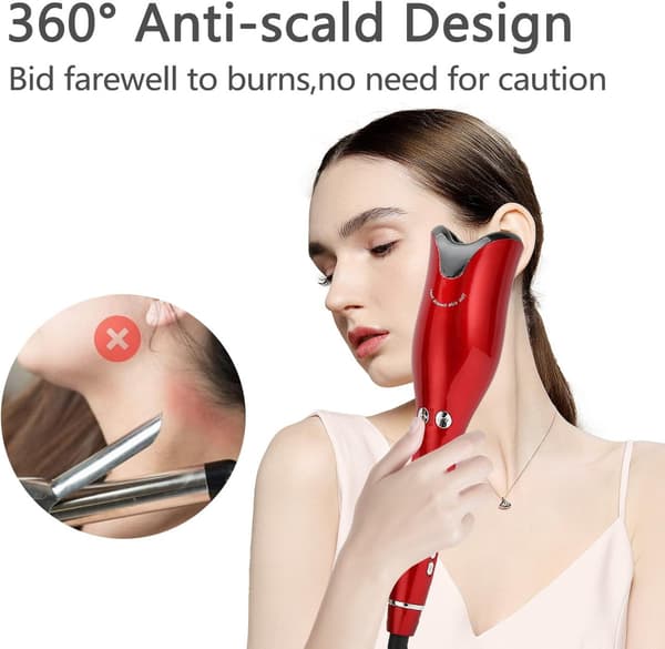 Automatic Ceramic Curling Iron 32mm - Waver / Waving Iron, Rotating Rod with Smart Shut-off and LED Display Red Red