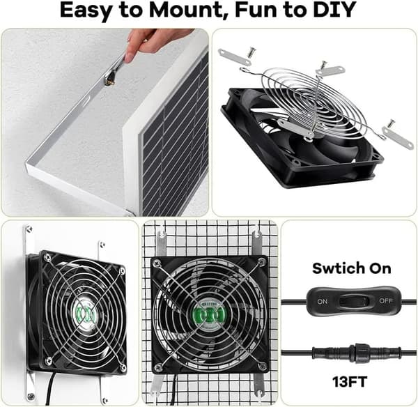 Soldrevet ventilationsventilator – Dobbelt ventilator 25W til ind- og udluftning, solpanel, til hønsehuse, drivhuse