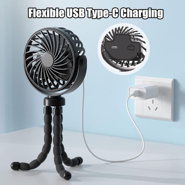 Flexible Stroller Fan – Rechargeable Portable Fan with Battery, 360° Rotation, 3 Speeds, Night Light & Stand Function White
