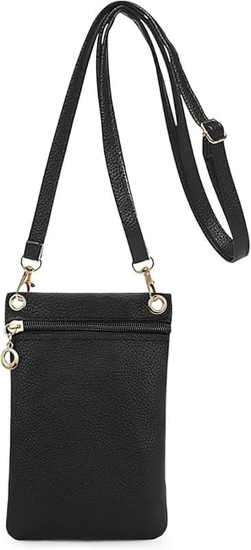 Mobile Phone Bag with Shoulder Strap - Lychee Texture Handbag 19cm x 12.5cm Black