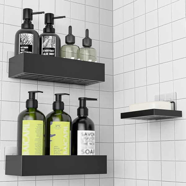 3-pak kulstofstål brusehylde, borefri badeværelseshylde til opbevaring, shampoo-hylde med sæbekop