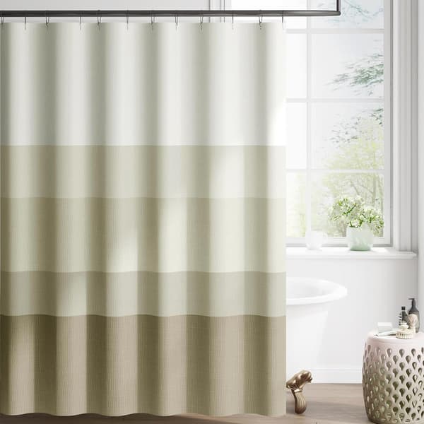 Dusjforheng med gradient – 180×180 cm – vaskbart tekstilstoff – moderne fargestripet design – vannavvisende polyester (beige)