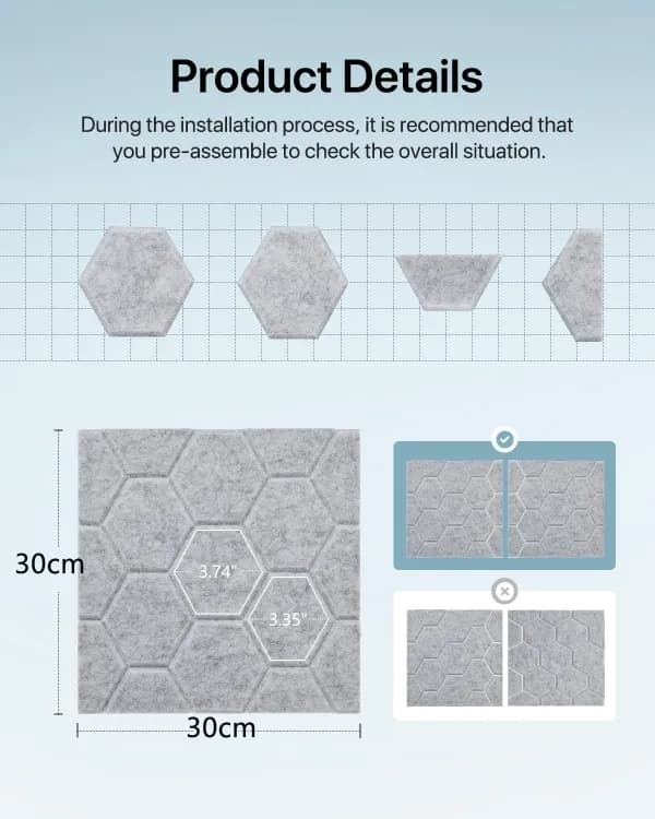 Akustikkpanel 12 stk akustikkpaneler selvklebende, høydensitets veggpanel, 30×30×0.9cm Gray