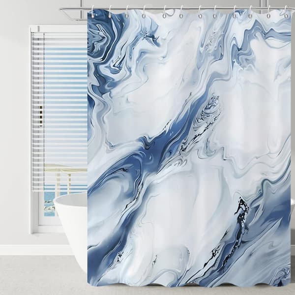 Shower Curtain - 180x200 cm - Chinese Ink Marble Pattern in Gradient - Modern Abstract Art - Waterproof Fabric - Machine Washable - Hooks Included Blue
