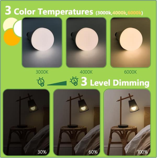 Rechargeable LED Bulbs E27 2200 mAh 3 Brightness Levels 3000/4000/6000K Remote Control Timer Emergency Lighting 2pcs