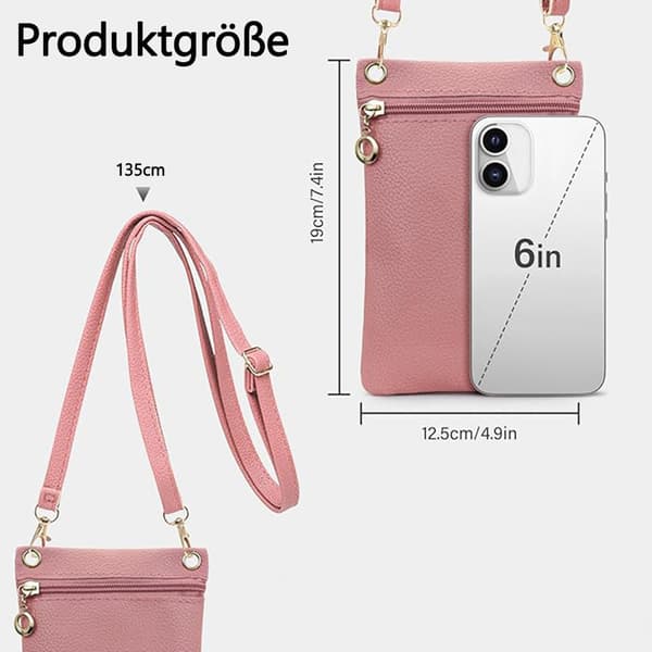Mobile Phone Bag with Shoulder Strap - Lychee Texture Handbag 19cm x 12.5cm Pink