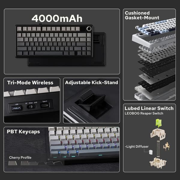 AULA F75 Max 75% Mechanical Gaming Keyboard, Wireless Hot-Swap Keyboard with TFT Display, Knob, RGB Backlight, PC/Mac/Linux, Black