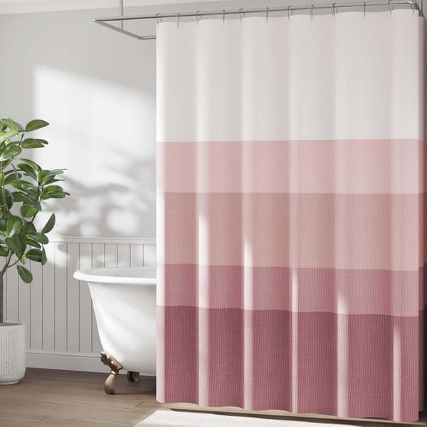 Duschdraperi med gradient – 180×180 cm – tvättbart textiltyg – modern färgstrimmig design – vattenavvisande polyester (rosa)