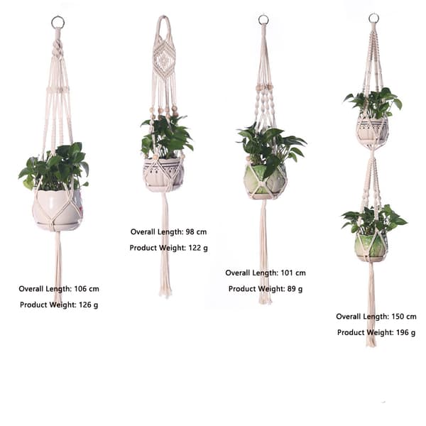 4-pack Makramé Växthängare, Hängande Blomkrukshållare i Bomullsrep med Träpärlor, Boho Stil, 88/112/123/147 cm