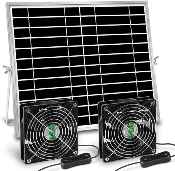 Soldrevet ventilationsventilator – Dobbelt ventilator 25W til ind- og udluftning, solpanel, til hønsehuse, drivhuse