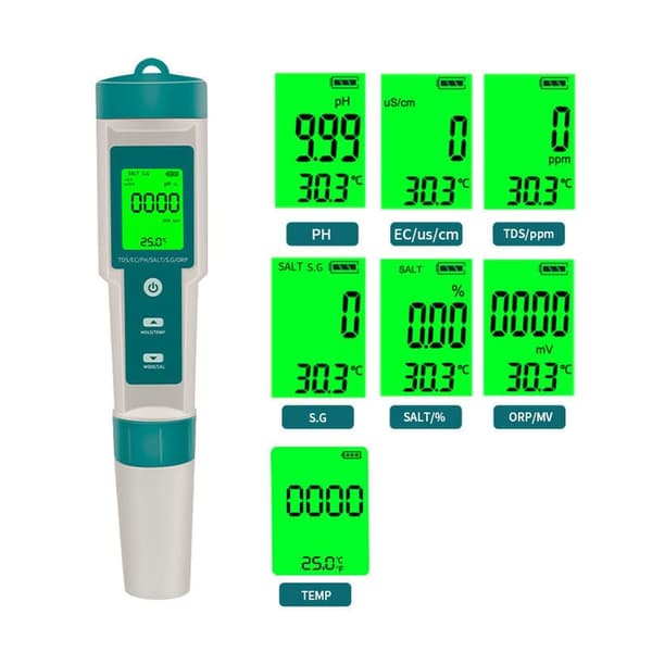 7-in-1 Digital pH Meter for Water - Water Tester Backlight White Green