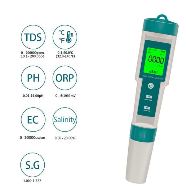 7-i-1 Digital pH-måler for Vann - Vanntester bakgrunnsbelysning Hvitgrønn