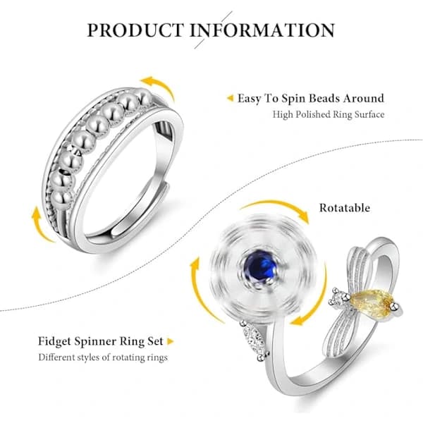9 stk. Fidget angst ringe Justerbare ringe sæt Justerbare ringe Fidget ringe Damp perlehalskæde, Stabelbare Sølv