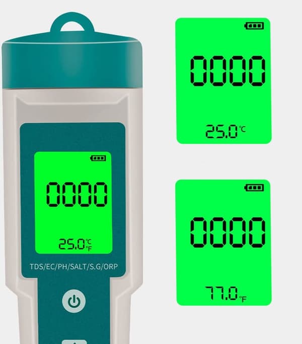 7-i-1 Digital pH-måler for Vann - Vanntester bakgrunnsbelysning Hvitgrønn