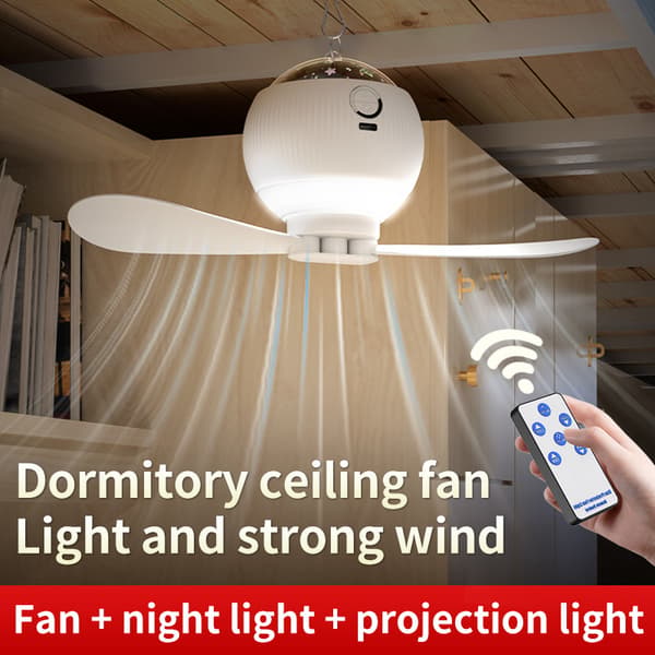 LED Lighting/Ceiling Fans with Lamp & Star Projection – Portable LED Tent Fan with Remote Control, 3000mAh, Hangable