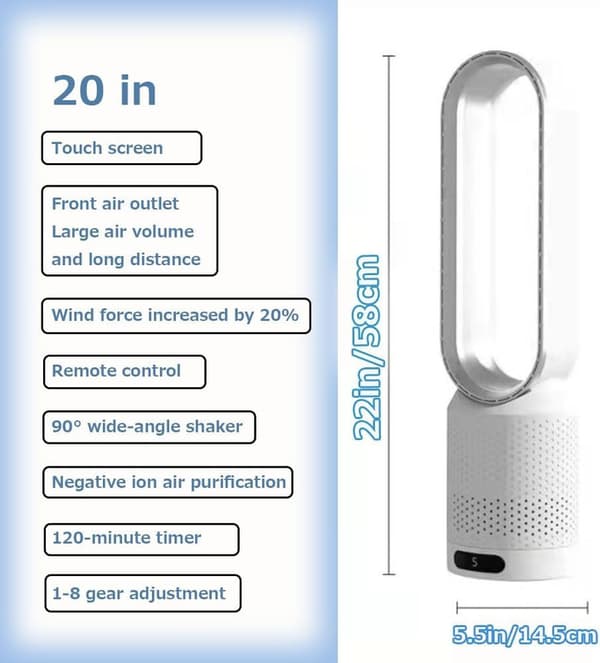 Bladlös tornkylfläkt, 90° oscillation, 120 min timer, 1–8 hastigheter, touchkontroll, lätt att rengöra Silver