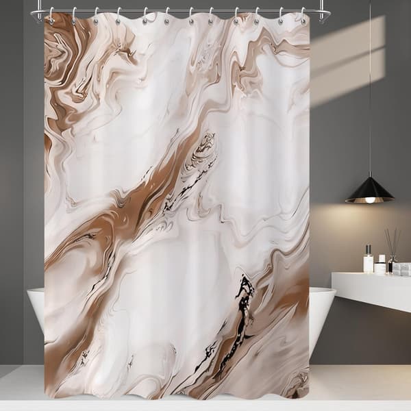 Shower Curtain - 180x180 cm - Chinese Ink Marble Pattern in Gradient - Modern Abstract Art - Waterproof Fabric - Machine Washable - Hooks Included Brown