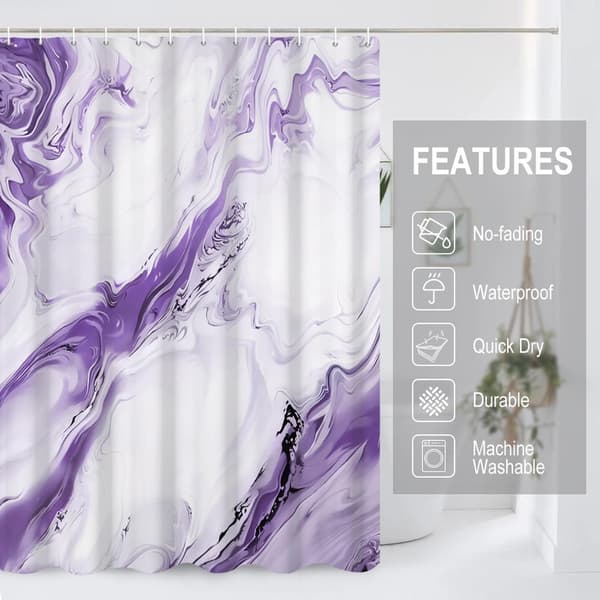 Shower Curtain - 180x200 cm - Chinese Ink Marble Pattern in Gradient - Modern Abstract Art - Waterproof Fabric - Machine Washable - Hooks Included Purple