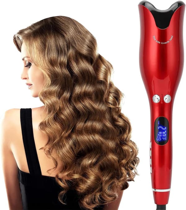 Automatic Ceramic Curling Iron 32mm - Waver / Waving Iron, Rotating Rod with Smart Shut-off and LED Display Red Red