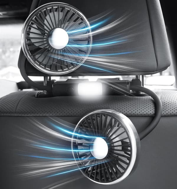 Blæser til bilsæde – 360° roterende dobbeltblæser med LED og 3 hastigheder, USB, bageste bilblæser til SUV, autocamper, MPV