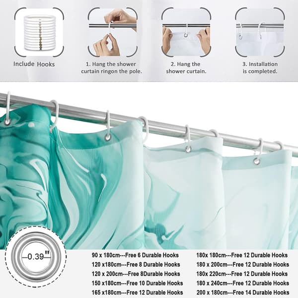 Shower Curtain - 180x200 cm - Chinese Ink Marble Pattern in Gradient - Modern Abstract Art - Waterproof Fabric - Machine Washable - Hooks Included Blue-Green