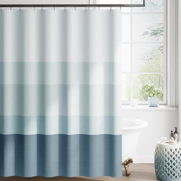 Dusjforheng med gradient – 180×180 cm – vaskbart tekstilstoff – moderne fargestripet design – vannavvisende polyester (blå)