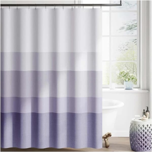 Duschdraperi med gradient – 180×200 cm – tvättbart textiltyg – modern färgstrimmig design – vattenavvisande polyester (lila)