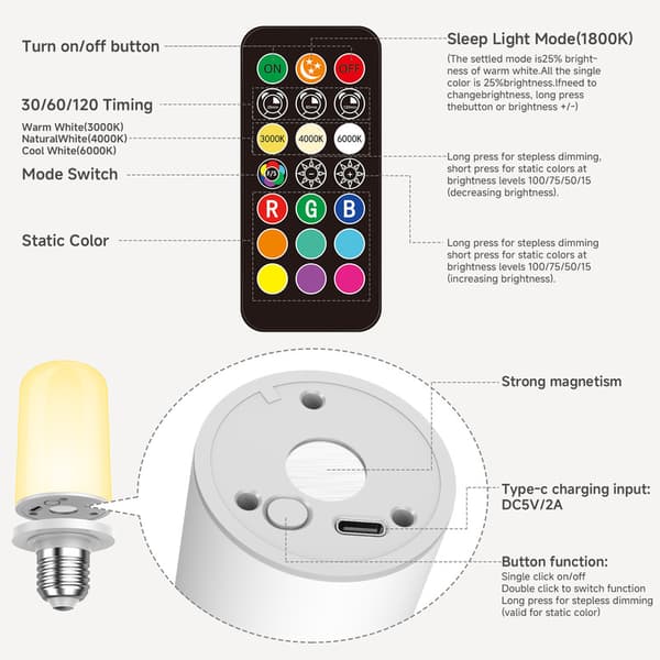 Oppladbar LED-lampe USB-C E27 RGB 5000 mAh Fjernkontroll Timerfunksjon Magnetisk nødbelysning 1pc