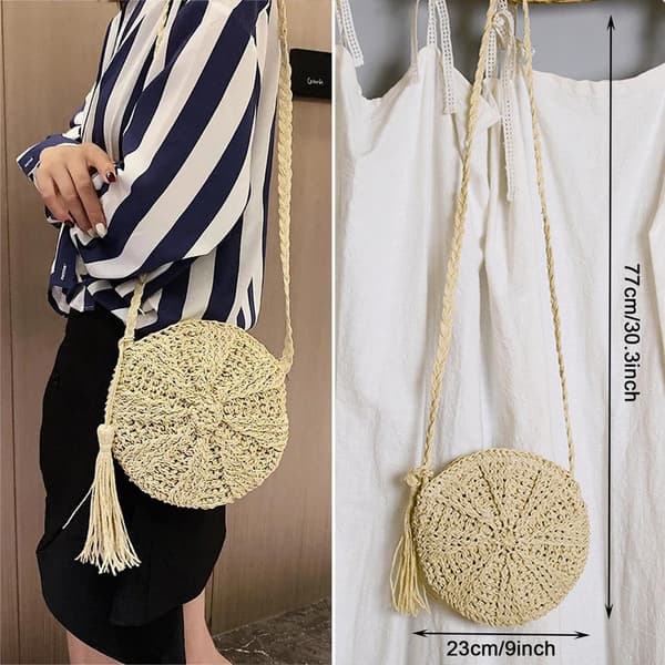 Retro Style Beach Bag - Round Straw Shoulder Bag, Perfect for Beach and Summer Brown
