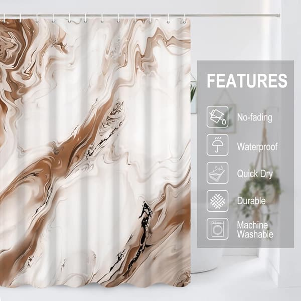 Shower Curtain - 180x180 cm - Chinese Ink Marble Pattern in Gradient - Modern Abstract Art - Waterproof Fabric - Machine Washable - Hooks Included Brown