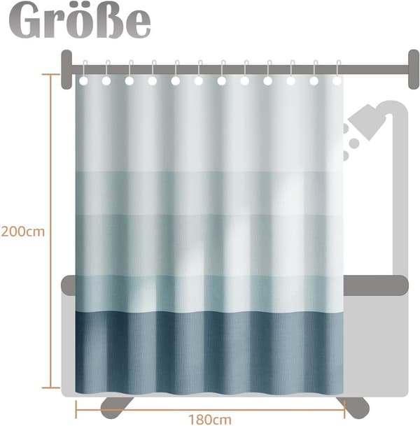 Dusjforheng med gradient – 180×200 cm – vaskbart tekstilstoff – moderne fargestripet design – vannavvisende polyester (blå)