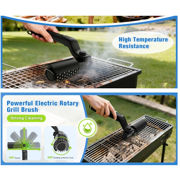 Elektrisk roterende grillbørste for utendørsgrill - 3-hastighetskontroll - BBQ-børste elektrisk justerbart børstehode - 304 rustfritt stål