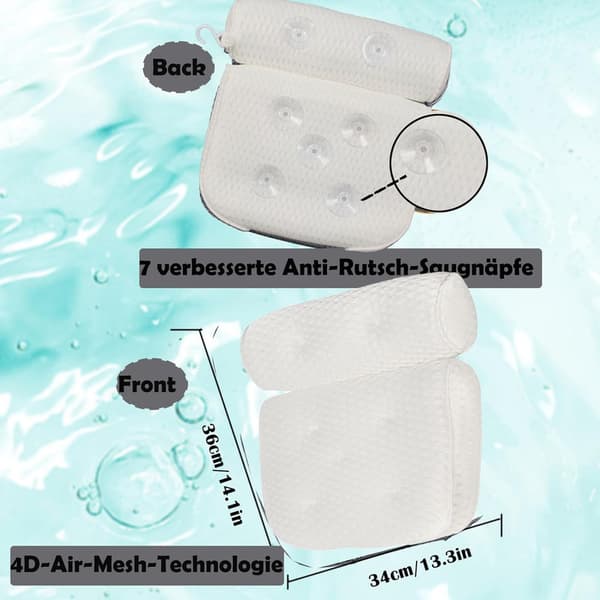 Bathtub Pillow with 7 Suction Cups - Breathable 4D Neck Pillow for Bathtubs and Jacuzzis Blue