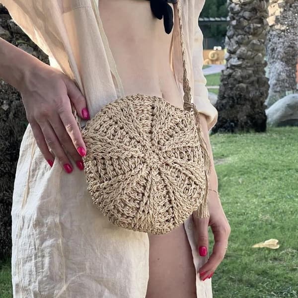 Retro Style Beach Bag - Round Straw Shoulder Bag, Perfect for Beach and Summer Brown