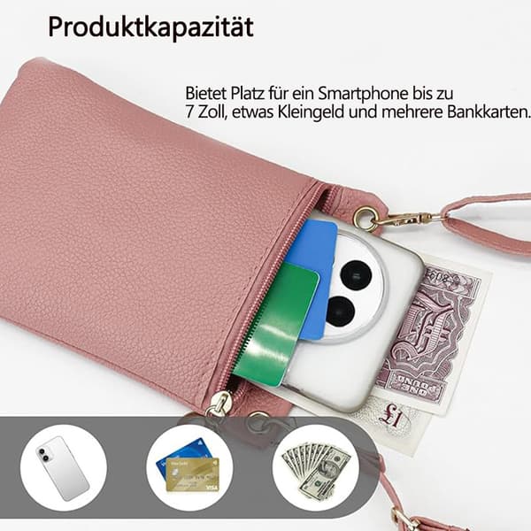 Mobile Phone Bag with Shoulder Strap - Lychee Texture Handbag 19cm x 12.5cm Pink