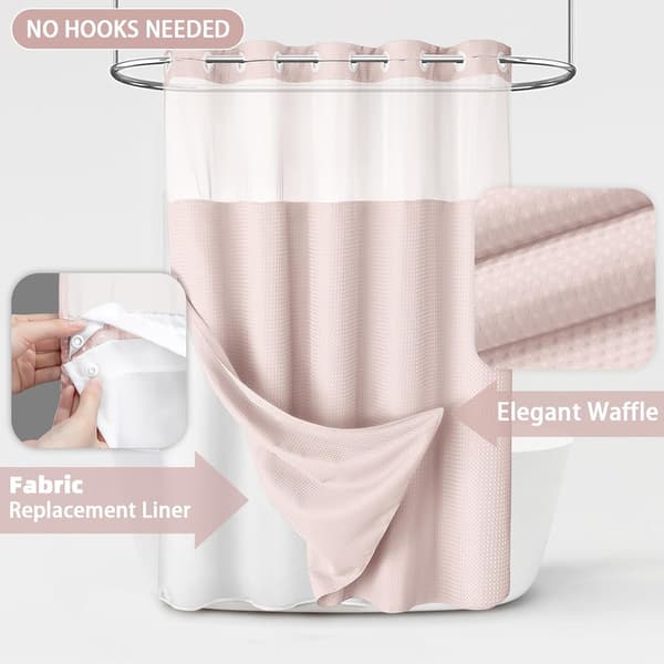 Duschdraperi med dubbla lager utan krokar – 180×190 cm – bikakemönster – med innerfoder – halvtransparent fönster i voile – magnetisk nederkant rosa